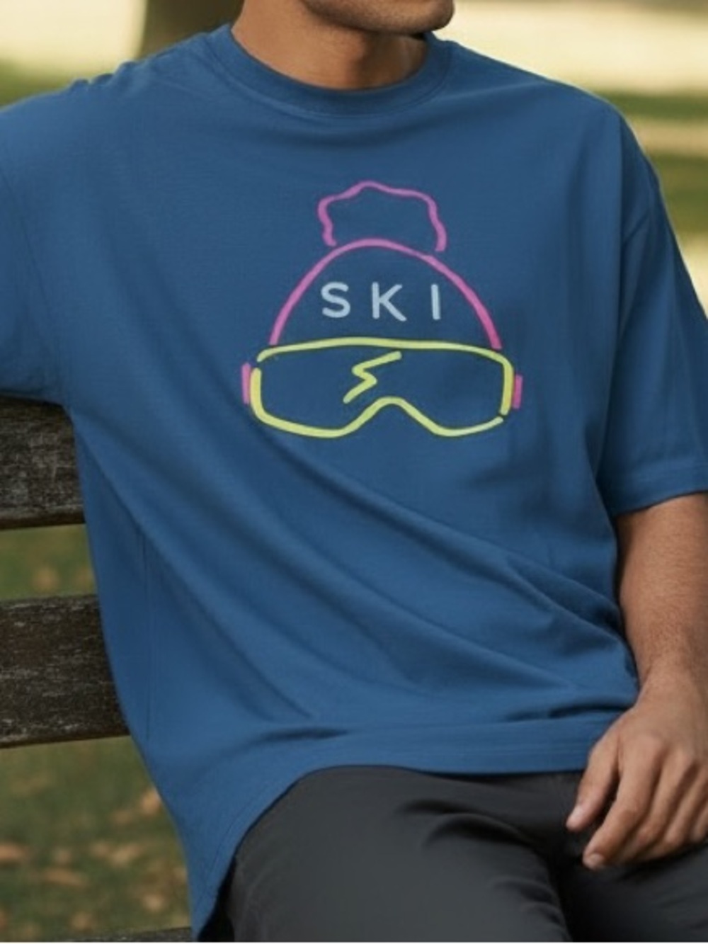 Marine Layer Blue Tee with Neon Ski Graphic Marine Layer - Size L/XL